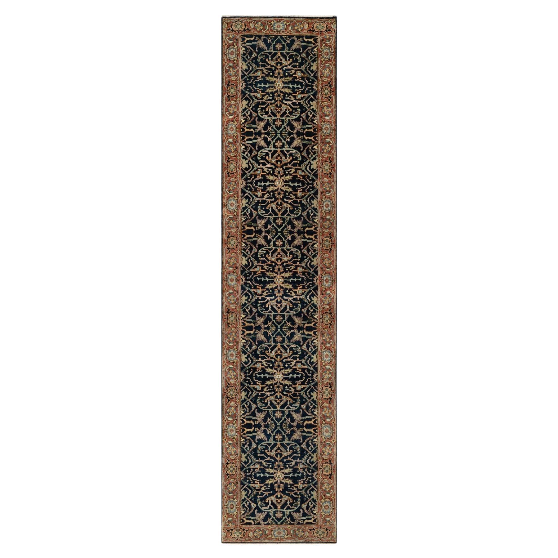 2'8"x12'1" Kaviarblauer, handgeknüpfter, orientalischer Heriz Re-Creation-Läufer aus Wolle, Orientalischer Teppich