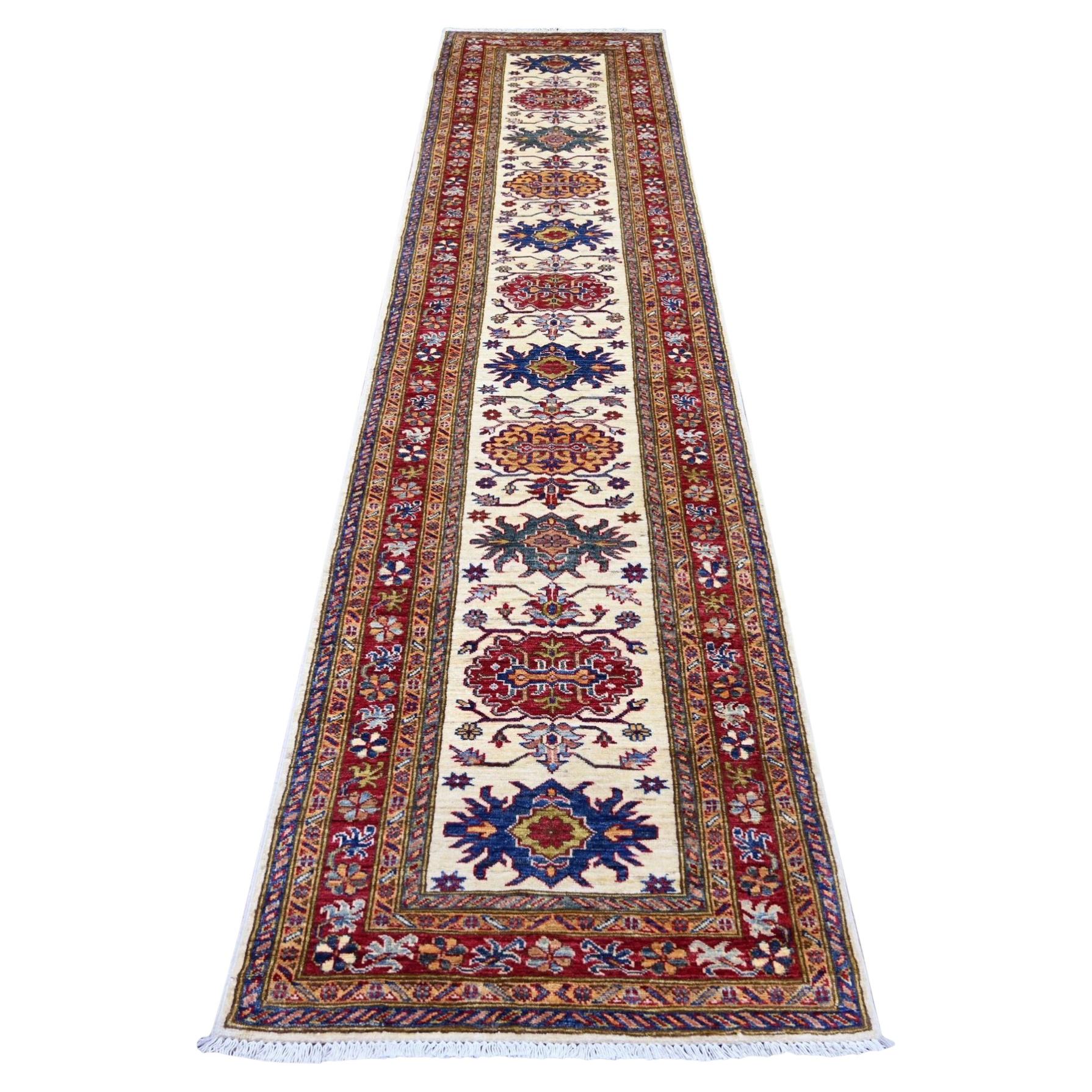 2'8"x12'1" Pearl White Natural Wool Hand Knotted Afghan Super Kazak Runner Rug For Sale
