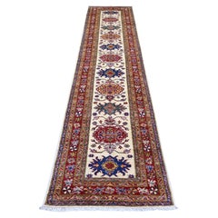 2'8"x12'1" Pearl White Natural Wool Hand Knotted Afghan Super Kazak Runner Rug