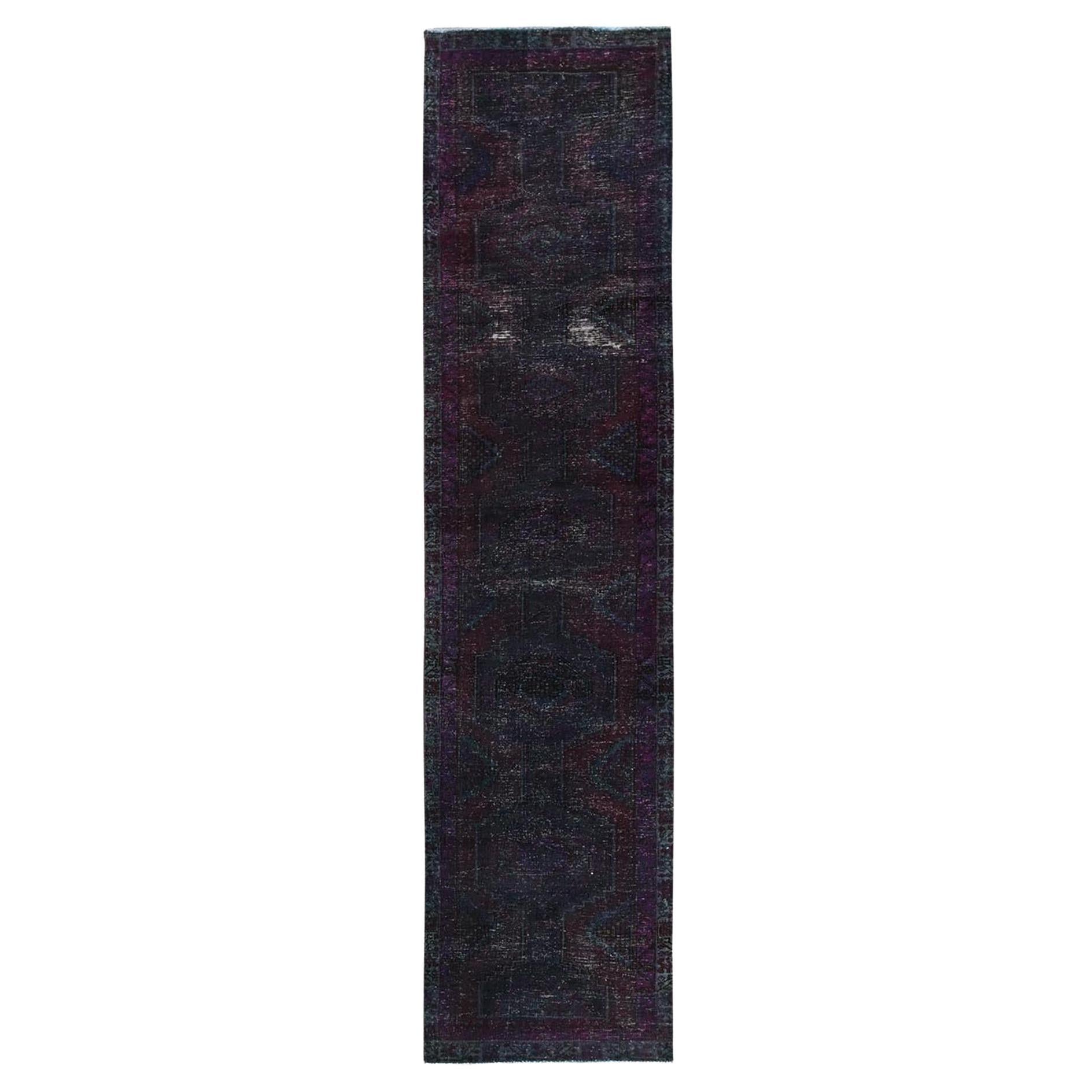 Tappeto Runner Vintage Persiano Hamadan Tutta Lana Annodata a Mano 2'8 "x12'1" Rosso Sovratinto