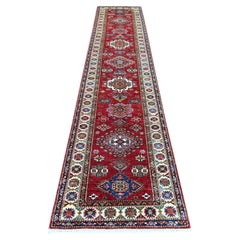 2'8"x12'10" Berry Red Hand Knotted Natural Wool Afghan Super Kazak Runner Rug