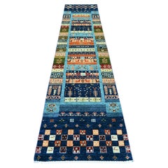 Navy Blue Fine Kashkuli Gabbeh Style Hand Knotted Pure Wool Runner Rug