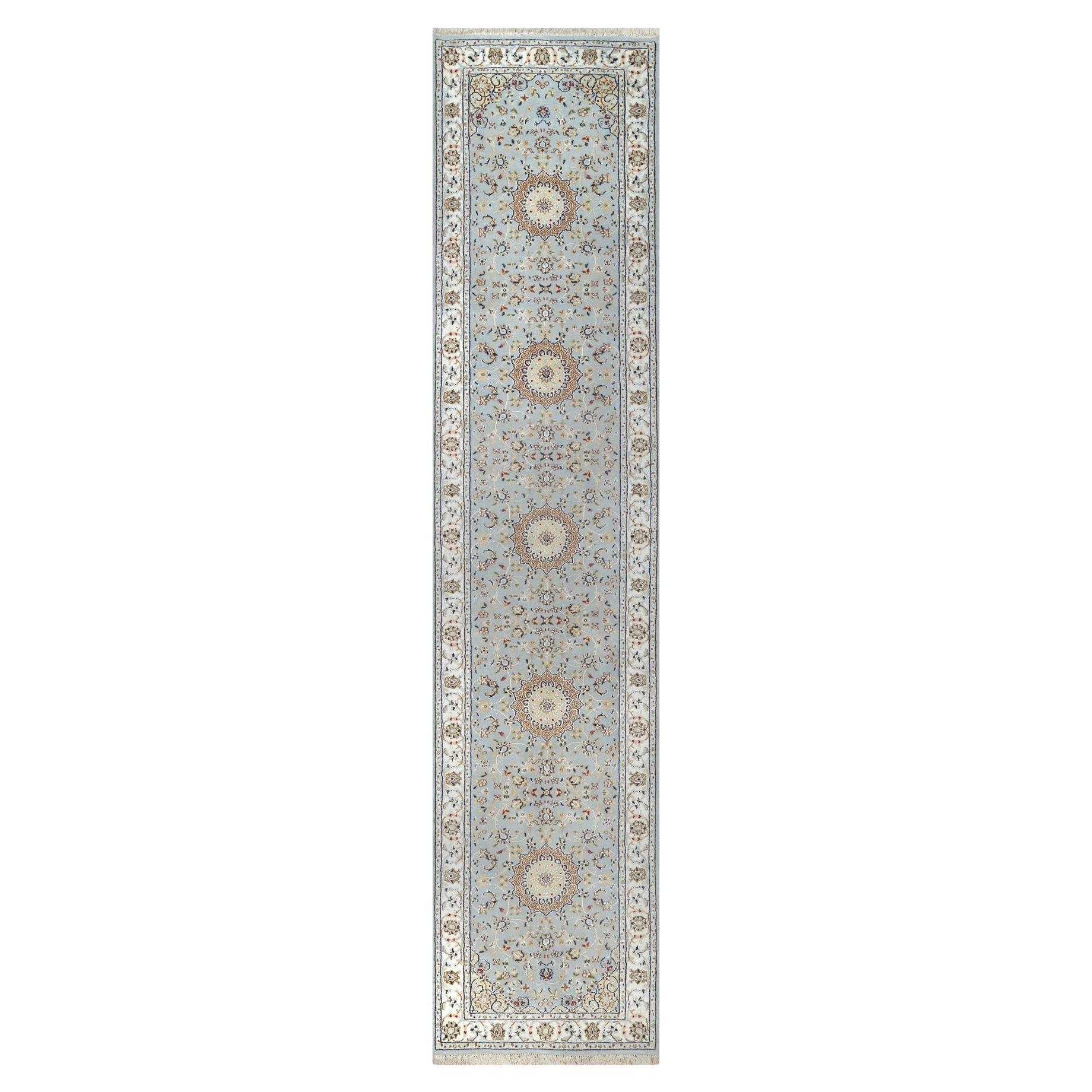 2
8"x12
2" Beau Blue Nain with Flower Design Wool
Silk Hand Knotted Runner Rug