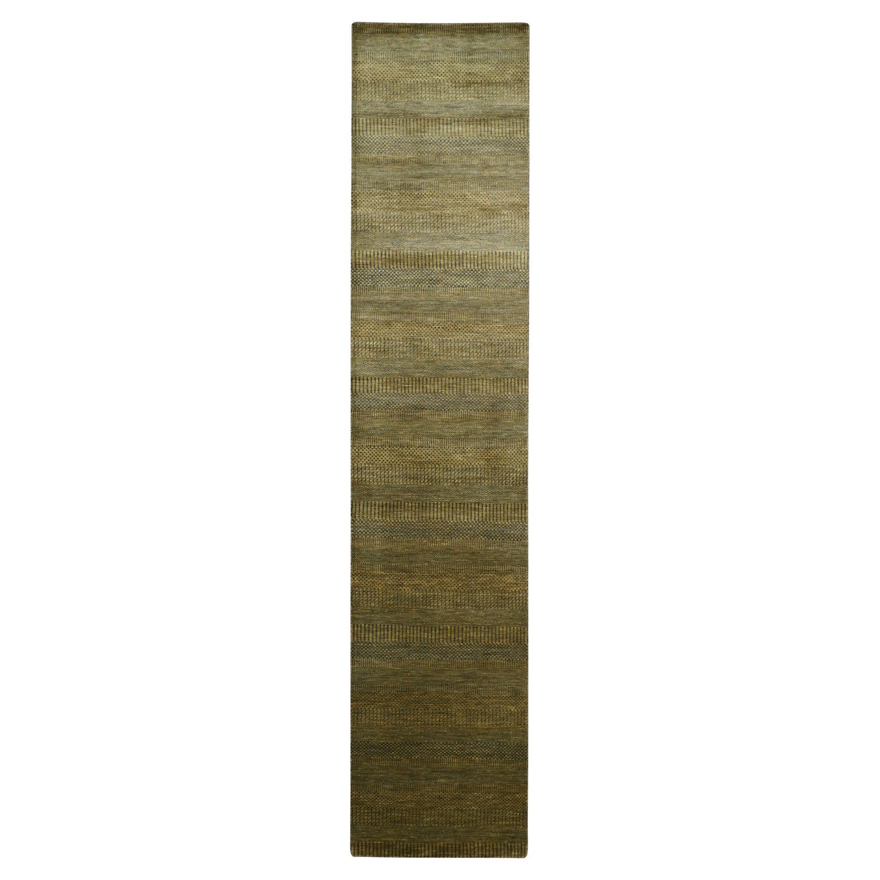 2'8"x12'2" Brown Wool and Silk Modern Grass Design Hand Knotted Runner Rug