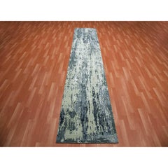 2'8"x12'2" Charcoal Gray Abstract Design Wool and Silk Hand Knotted Runner Rug