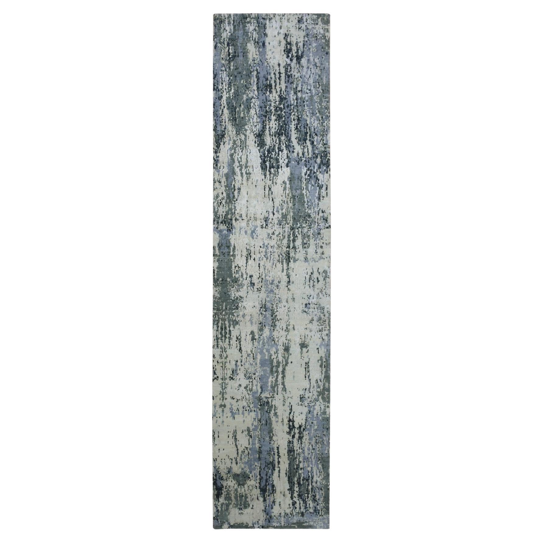 2'8 "x12'2" Tapis de course en laine et soie nouée à la main, gris anthracite, design abstrait