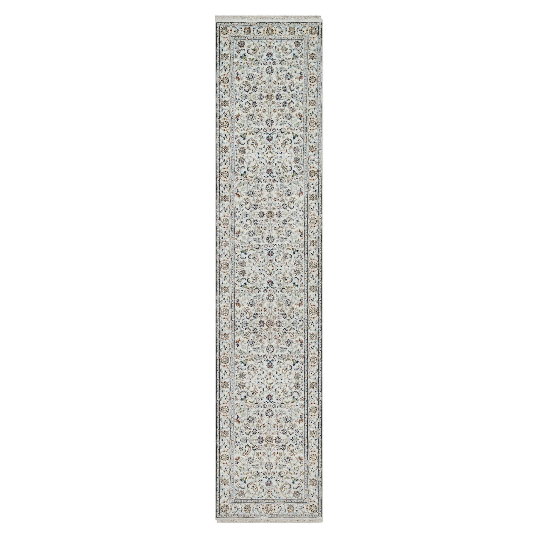 2'8 "x12'2" Tapis de course en laine et soie nouée à la main, blanc Nain avec design floral