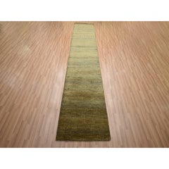 2'8"x12'3" Brown Modern Grass Design Hand Knotted Wool & Silk Runner Rug