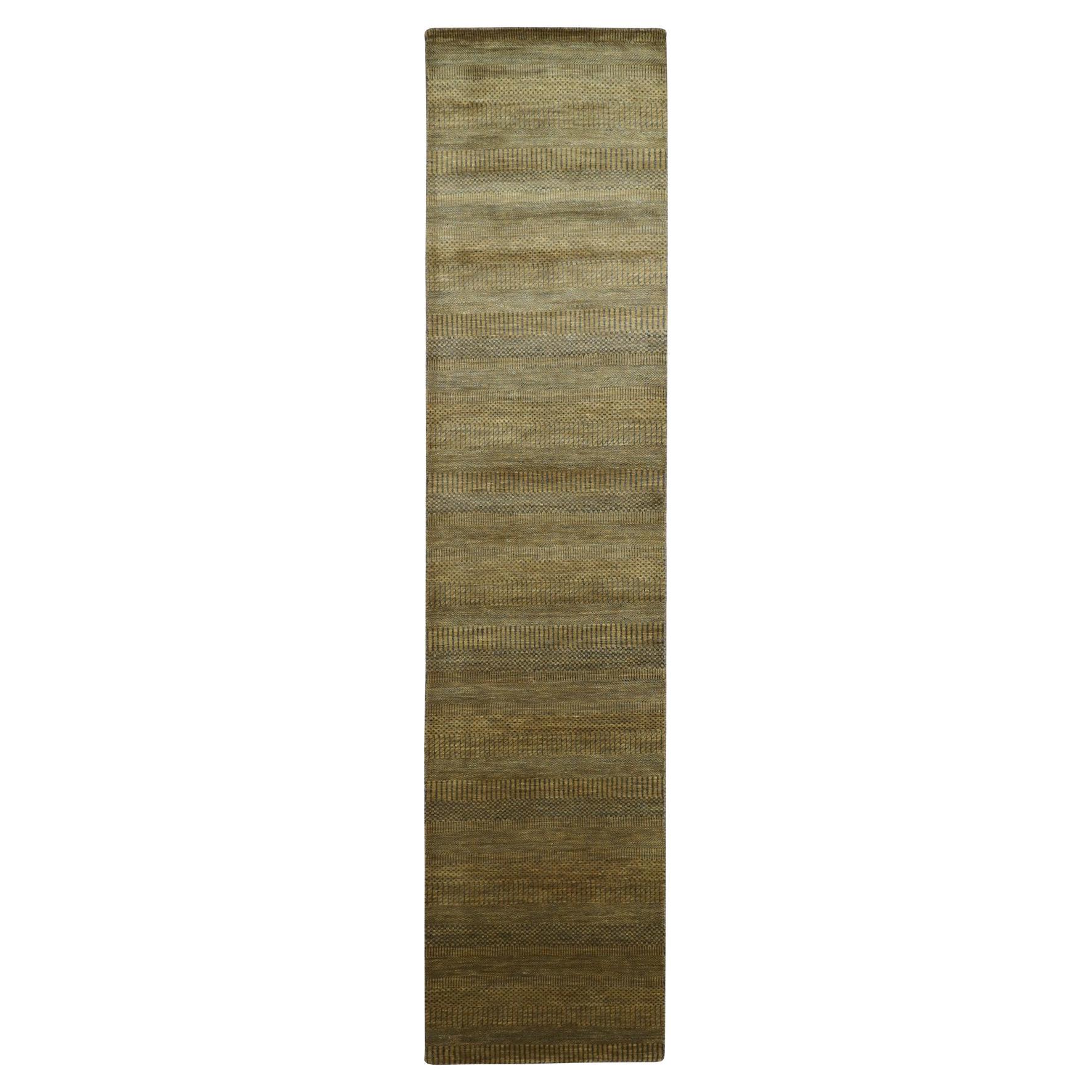 2'8"x12'3" Brown Modern Grass Design Hand Knotted Wool & Silk Runner Rug