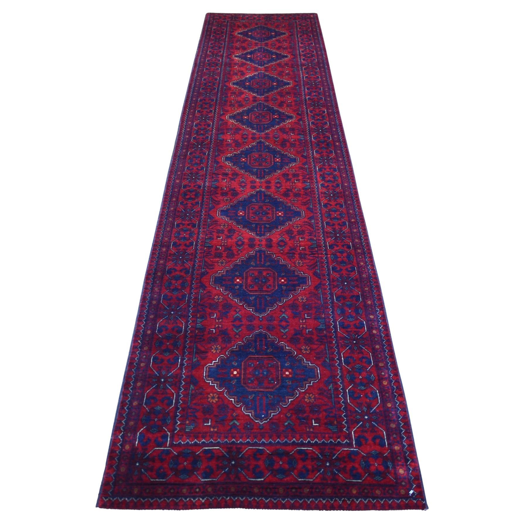 2'8"x12'6" Deep and Saturated Red, Hand Knotted Afghan Khamyab Pure Wool Rug