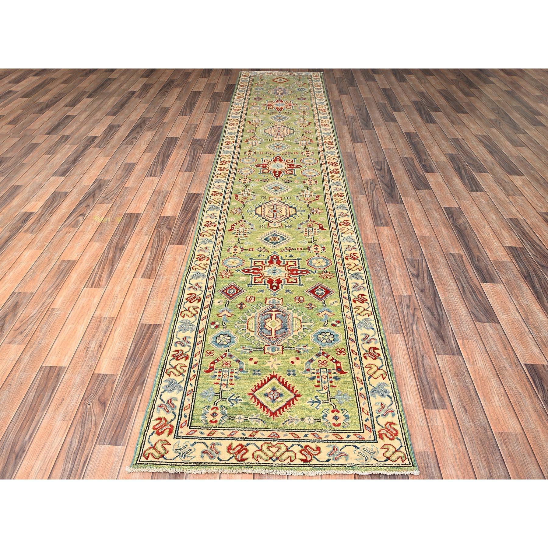 Sage Green, Organic Wool, Vegetable Dyes, Denser Weave, Kazak with Geometric Medallions Design, Hand Knotted, Runner, Oriental Rug
Primary materials: Wool
Latex: No Pile 
height: 0.25 Inches
Style: Traditional
Primary color: Green
Secondary colors:
