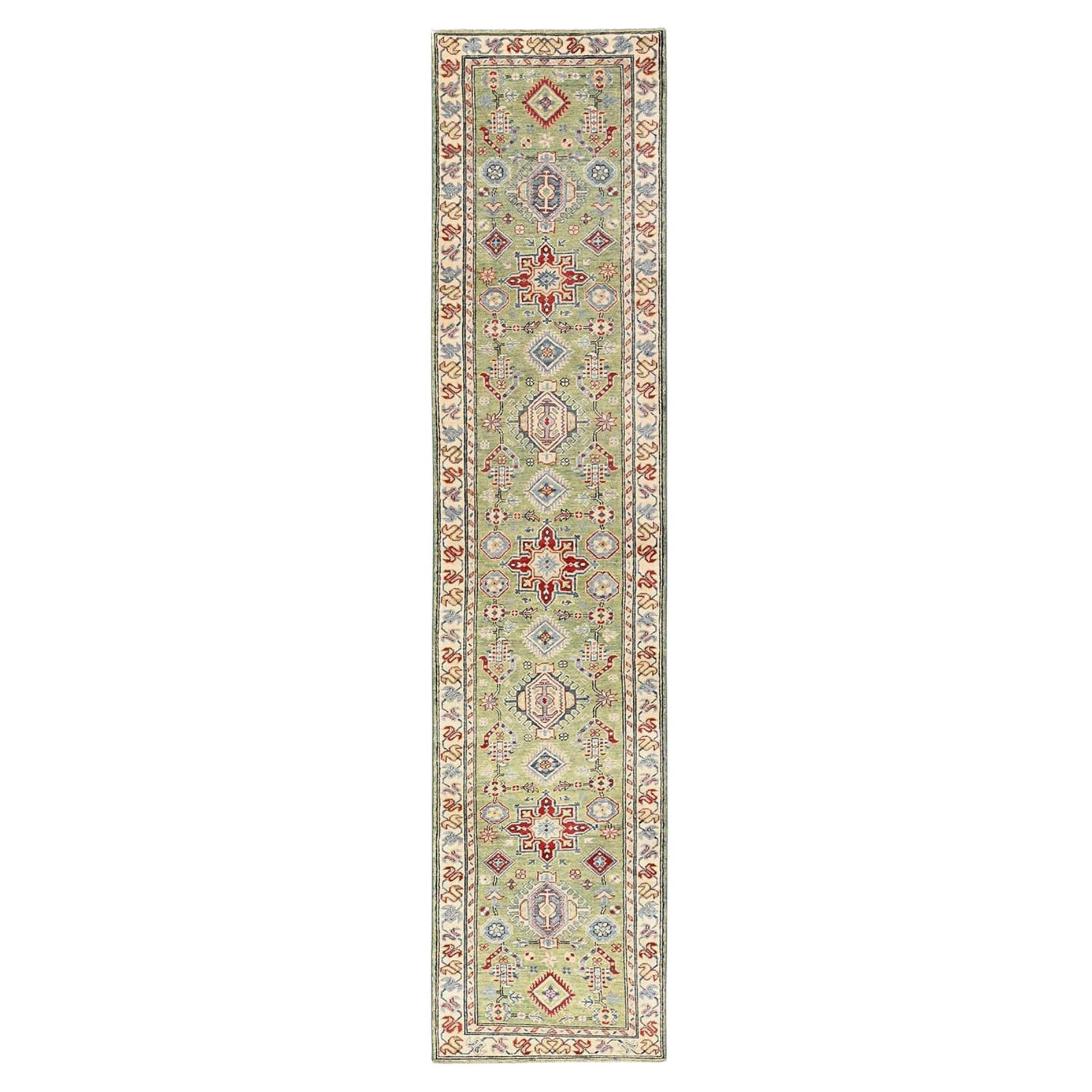 2
8"x12
7" Green Pure Wool Kazak with Medallions Design Hand Knotted Runner Rug
