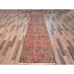 2'8"x12'9" Coral Pink Vintage Persian Lilahan Hand Knotted Pure Wool Runner Rug