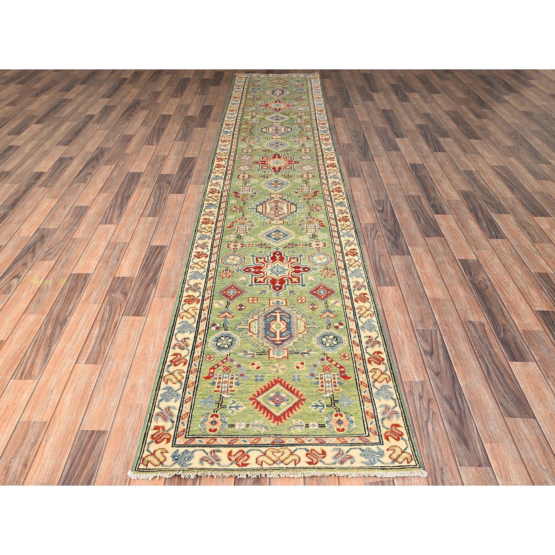 Olive Green, Vegetable Dyes, Denser Weave, Kazak with Geometric Medallions Design, Hand Knotted, Pure Wool, Runner, Oriental Rug
Primary materials: Wool
Latex: No Pile 
height: 0.25 Inches
Style: Traditional
Primary color: Green
Secondary colors: