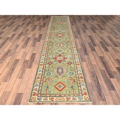 2'8"x13' Olive Green Kazak Geometric Medallions Hand Knotted Wool Runner Rug