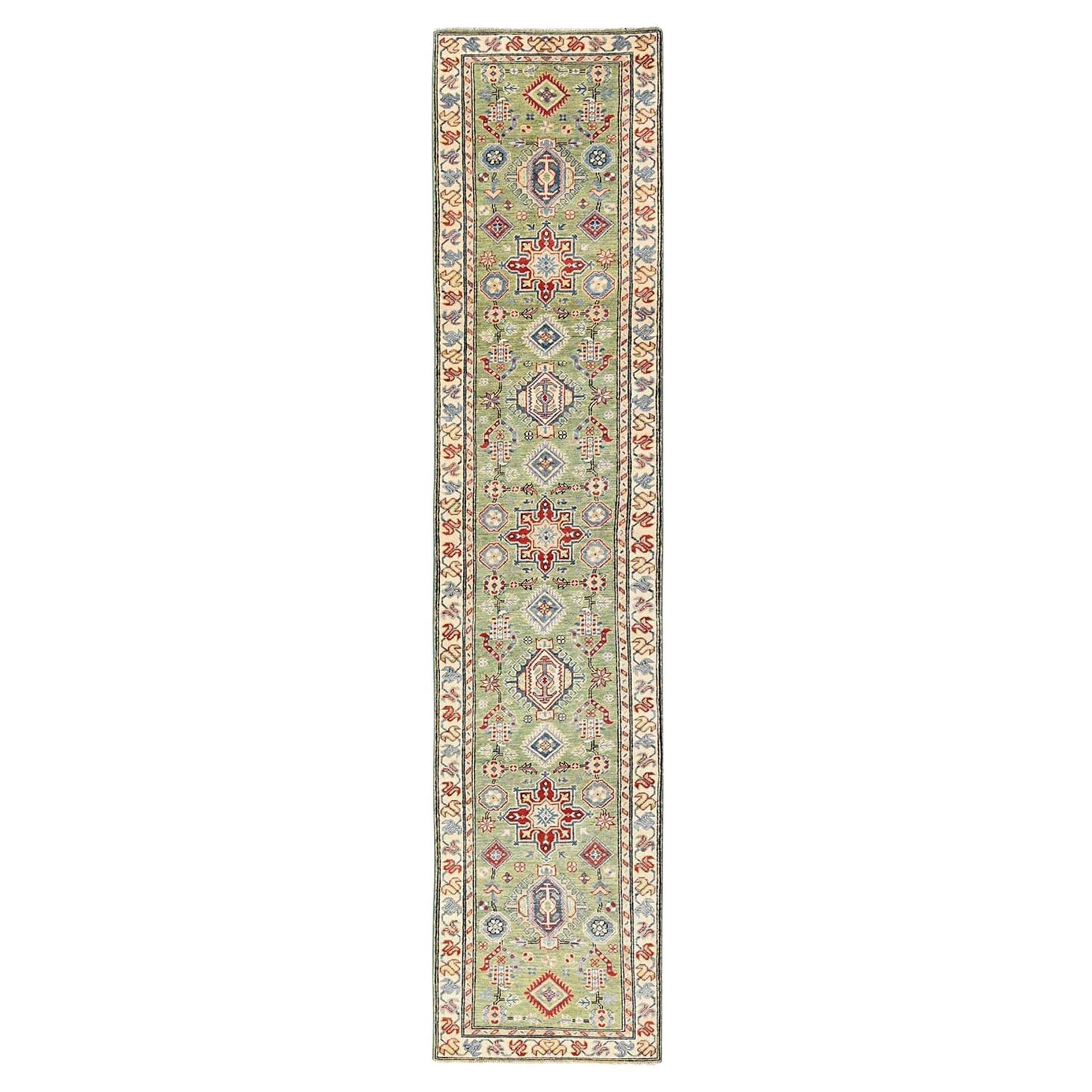 2
8"x13
Olive Green Kazak Geometric Medallions Hand Knotted Wool Runner Rug