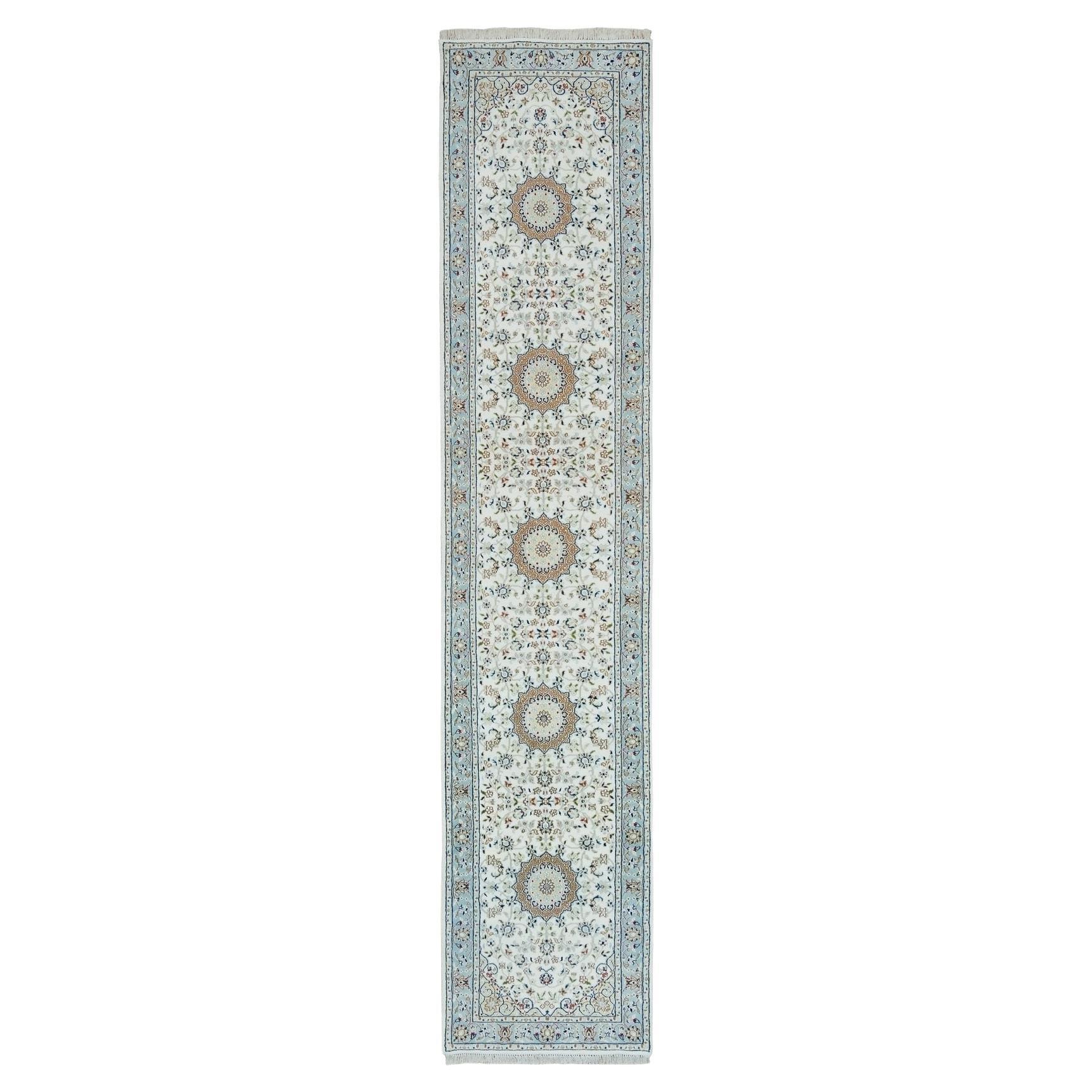 2'8"x13' Powder White, Hand Knotted, Nain Design, 250 KPSI Wool Runner Rug