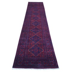 2'8"x13'1" Red Afghan Khamyab Pure Wool With Geometric Design Hand Knotted Rug