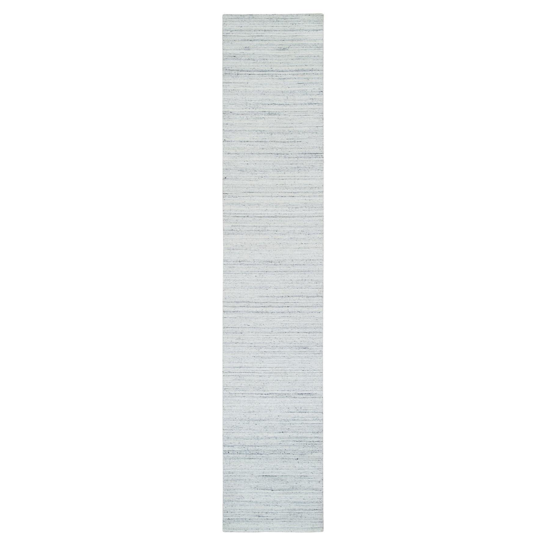 2'8"x13'10" Ivory Wool Hand Loomed Plain Modern Striae Runner Oriental Rug