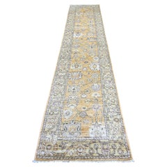 2'8"x13'6" Brown Hand Knotted Afghan Angora Oushak Leaf Design Wool Runner Rug