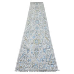 2
8"x13
6" White Hand Knotted Wool Afghan Angora Oushak Leaf Design Runner Rug