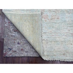 2'8"x13'8" Beau Blue Angora Oushak with Leaf Design Hand Knotted Wool Runner Rug
