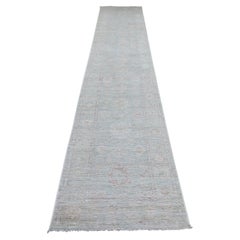2'8"x13'8" Beau Blue Angora Oushak with Leaf Design Hand Knotted Wool Runner Rug
