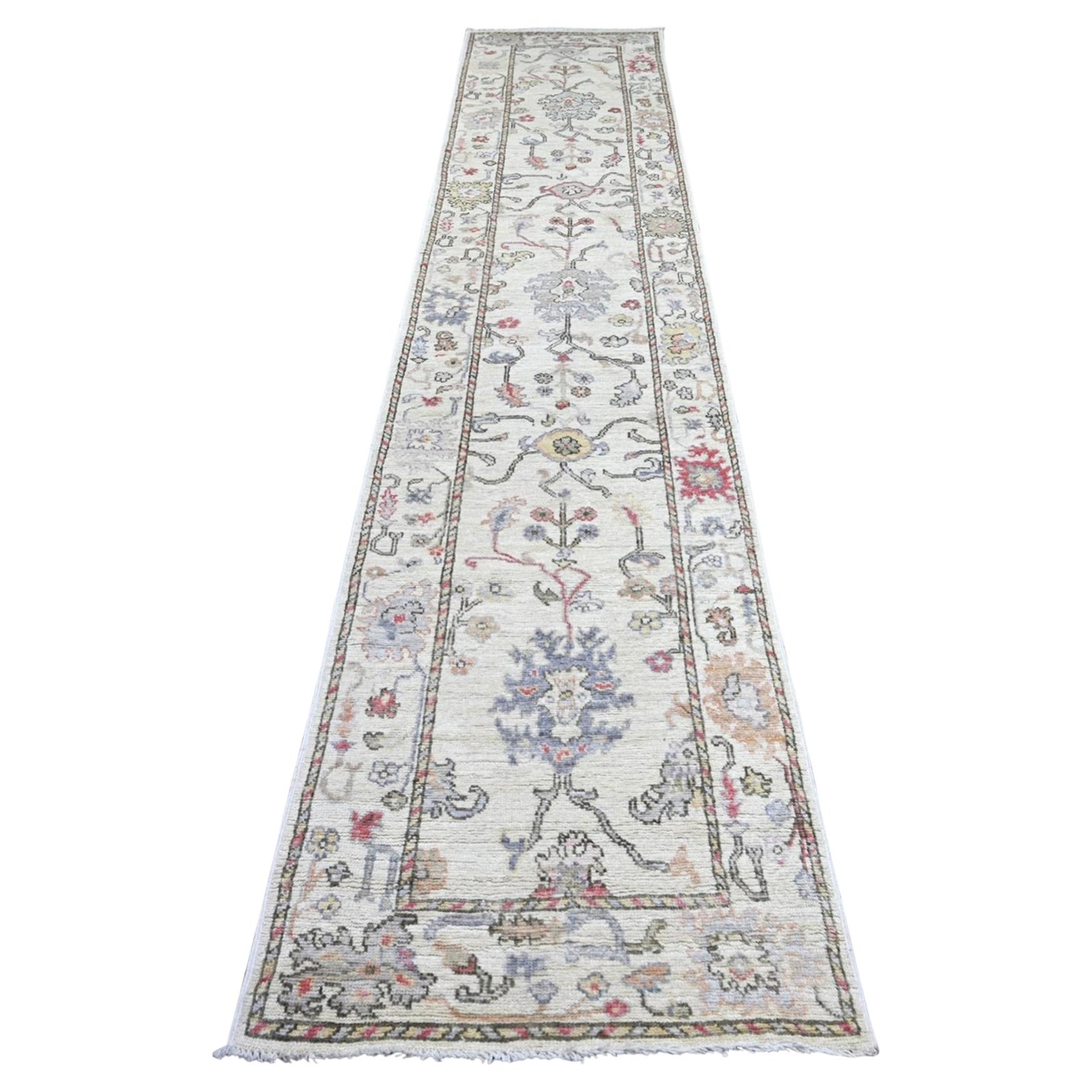 2'8"x13'8" Ivory Afghan Angora Oushak Leaf Design Hand Knotted Wool Runner Rug