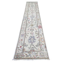 2'8"x13'8" Ivory Afghan Angora Oushak Leaf Design Hand Knotted Wool Runner Rug