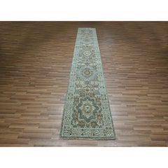 2'8"x14' Pistachio Green Mamluk Design Pure Wool Hand Knotted Runner Rug