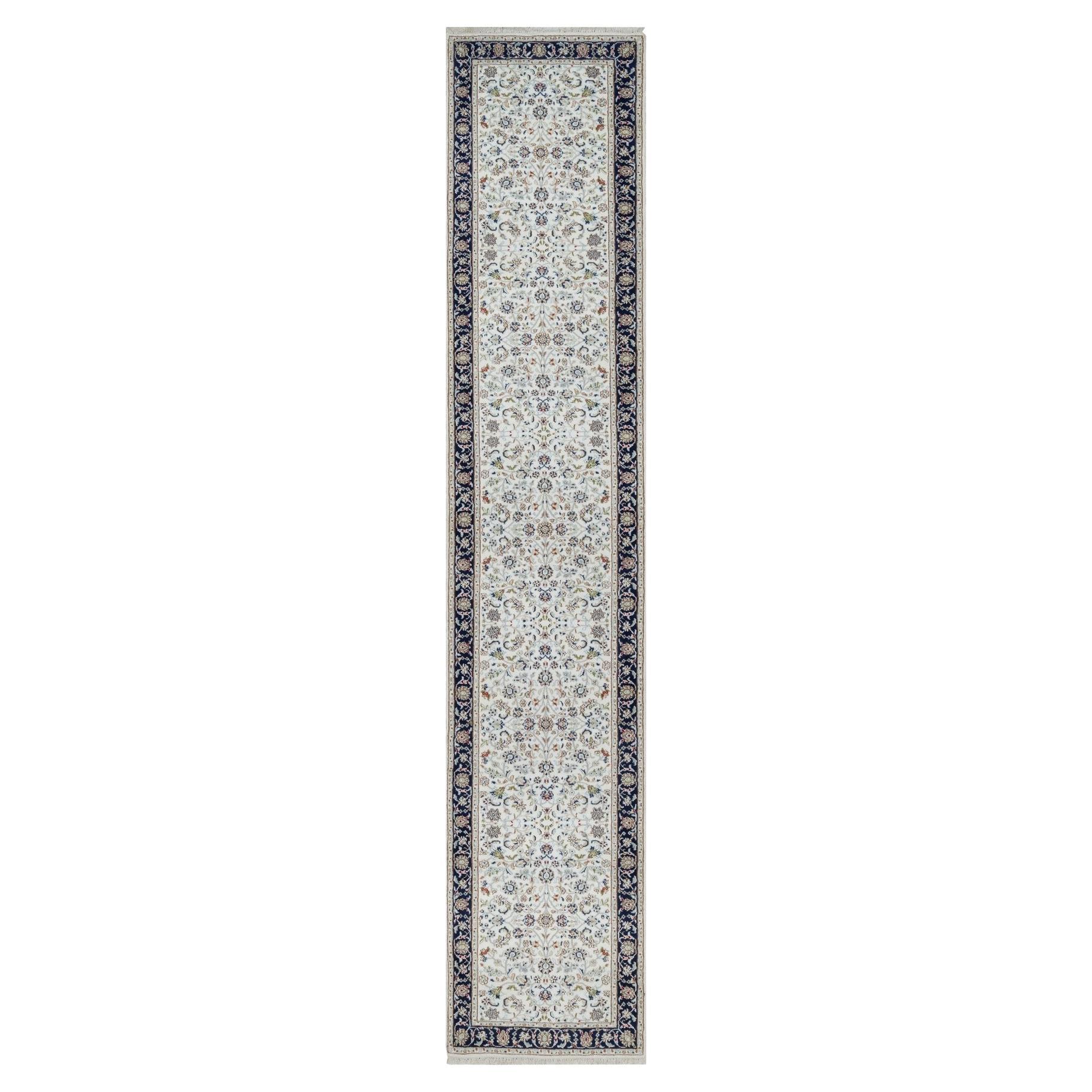 2'8"x14' Powder White Nain with Flower Design Wool and Silk Hand Knotted Runner