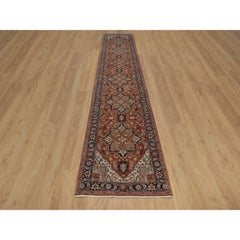Alfombra de pasillo de lana pura, anudada a mano, de 2'8" x 14', estilo Heriz de imitación, color rojo envejecido