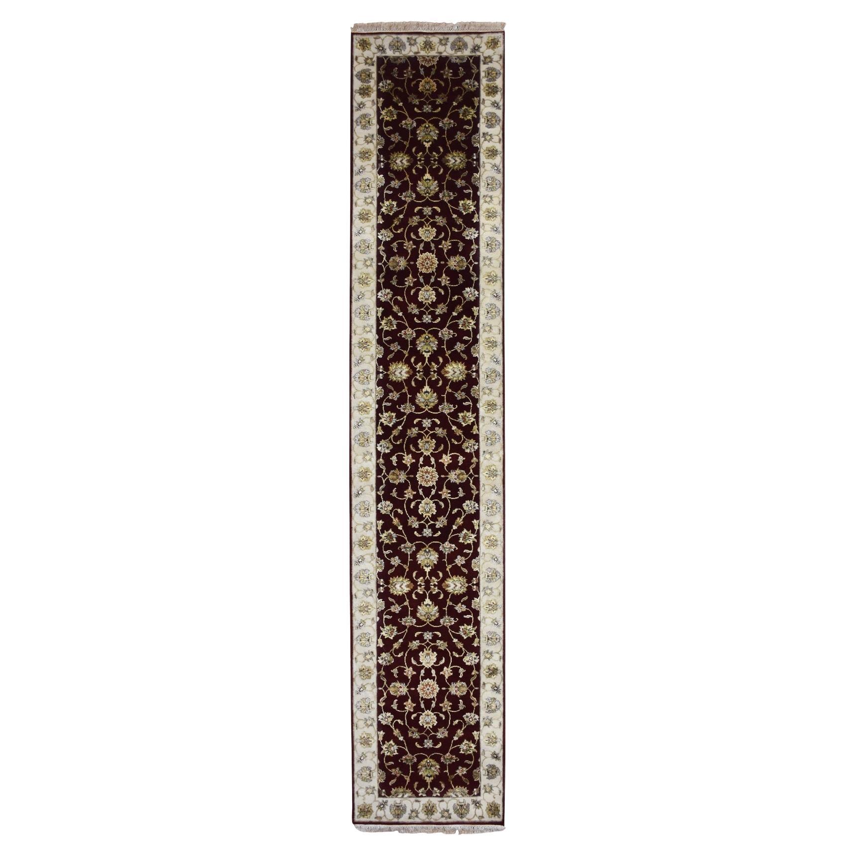 2'8"x14'1" Burgundy Red, Rajasthan, Wool and Silk, Hand Knotted, Runner, Rug