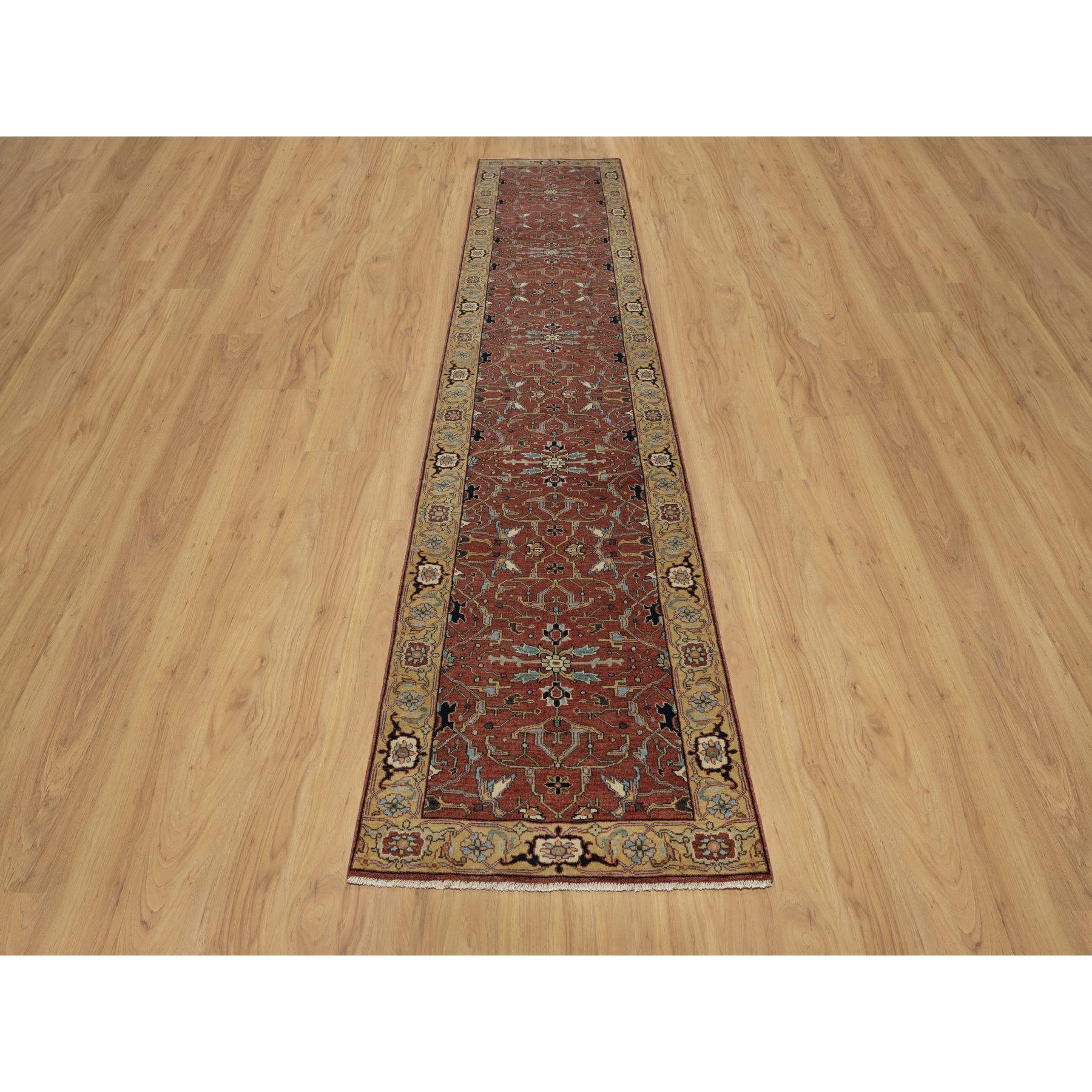Currant Red, Antiqued Fine Heriz Re-Creation with All Over Vines Design, Hand Knotted, 100% Wool, Vegetable Dyes, Denser Weave, Lush and Plush, Soft Pile, Runner, Oriental Rug
Primary materials: Wool
Latex: No Pile 
height: 0.25 Inches
Style: