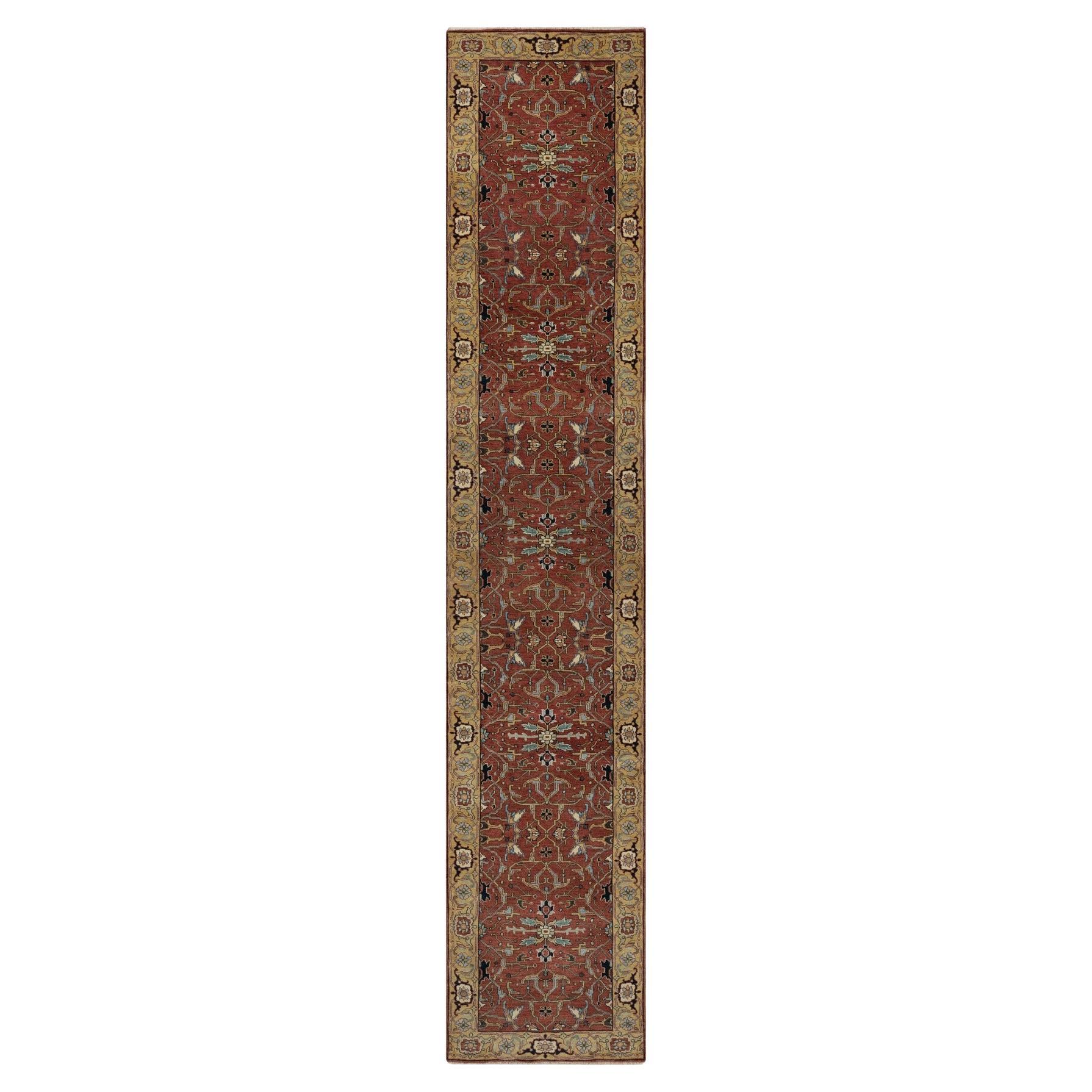 2'8"x14'1" Currant Red Antiqued Heriz Re-Creation Hand Knotted Wool Runner Rug