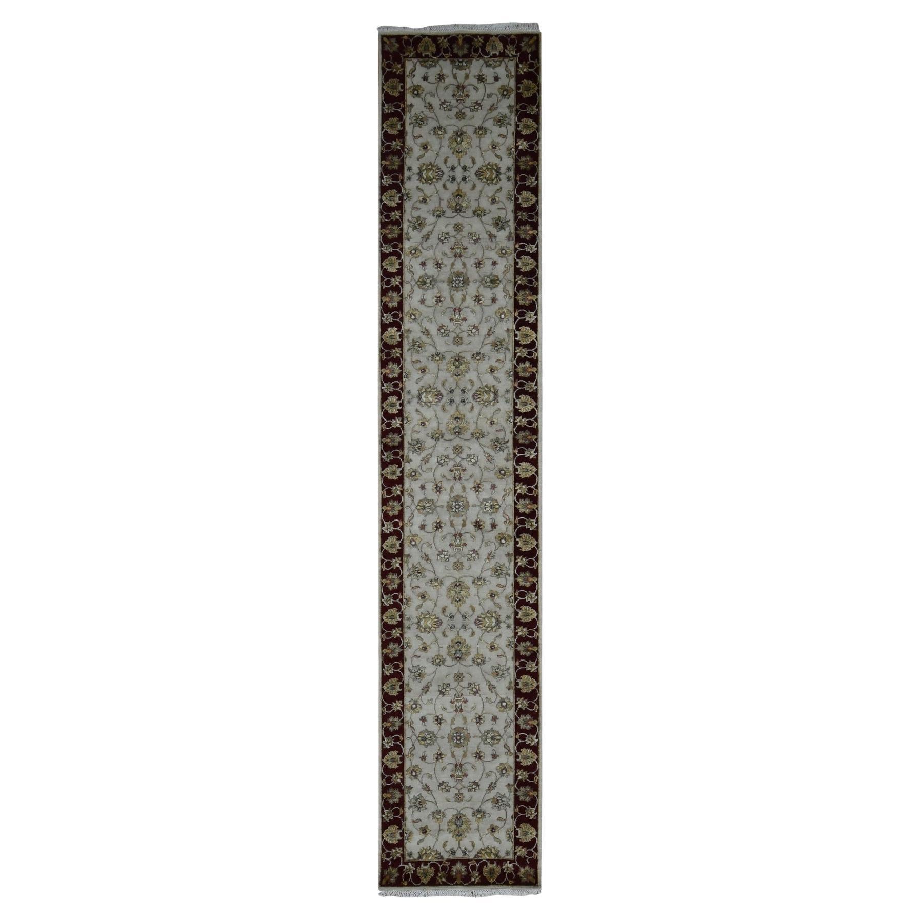 2'8"x14'1" Ivory, Rajasthan Design, Half Wool and Half Silk, XL Runner Rug