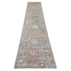 2'8"x14'2" Beaver Brown Angora Oushak Leaf Design Hand Knotted Wool Runner Rug