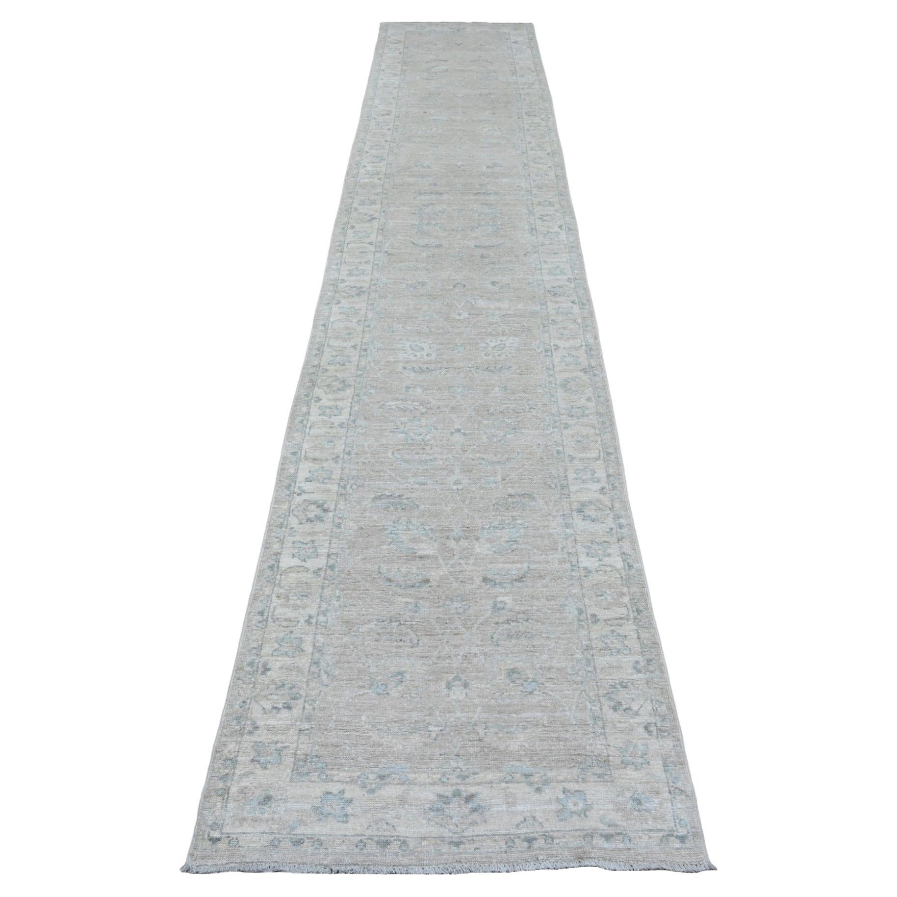 2'8"x14'2" Brown Washed Out Peshawar Leaf Design Hand Knotted Wool Runner Rug