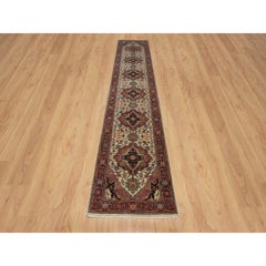 2'8"x14'3" Ivory Antiqued Fine Heriz Re-Creation Hand Knotted Wool XL Runner Rug