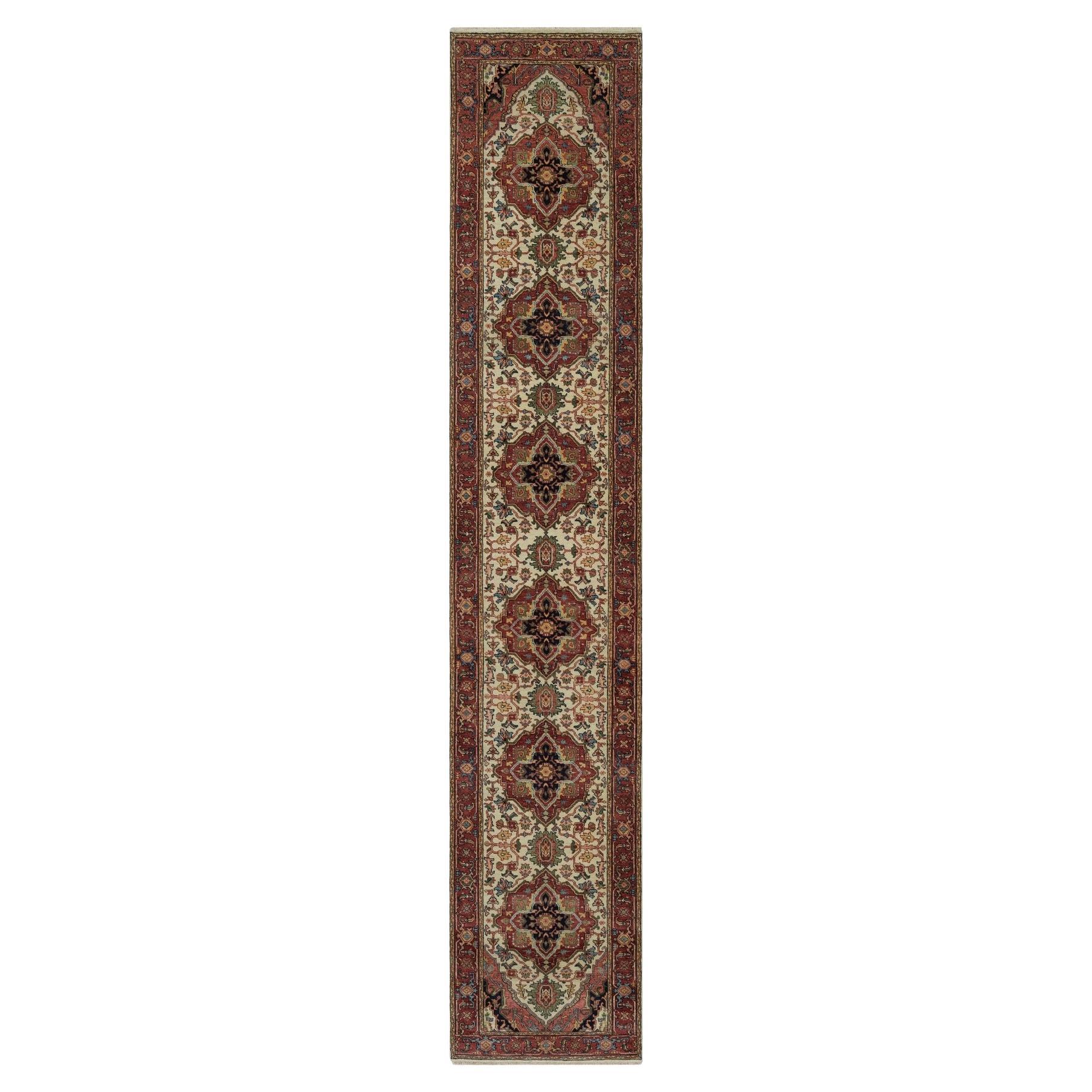 2'8 "x14'3" Ivory Antiqued Fine Heriz Re-Creation Hand Knotted Wool XL Runner Rugs