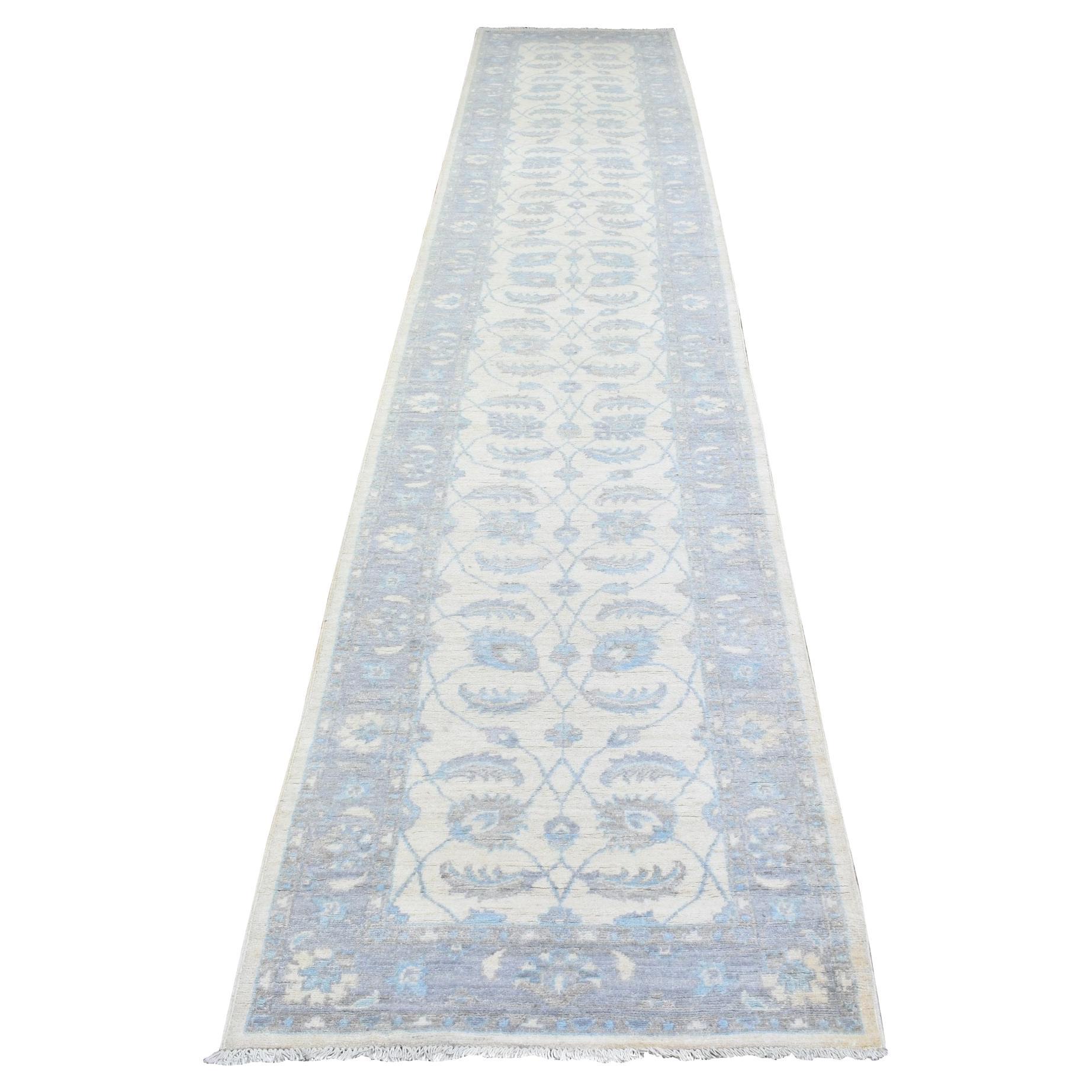 2'8"x14'4" Ivory, Velvety Wool Hand Knotted, White Wash Peshawar Runner Rug