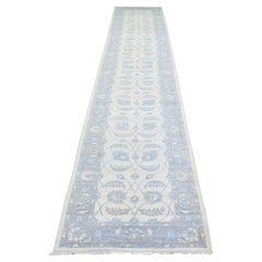 2'8"x14'4" Ivory, Velvety Wool Hand Knotted, White Wash Peshawar Runner Rug