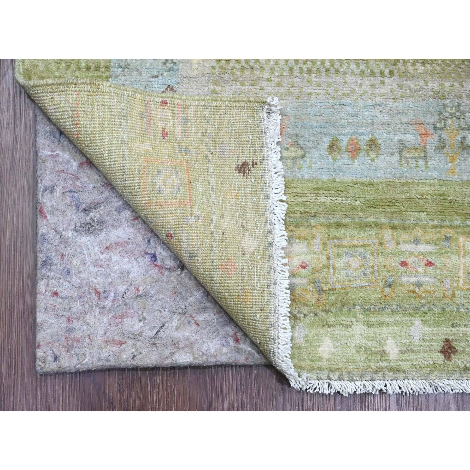 Olive Green, Fine Kashkuli Gabbeh with Small Animal Figurines, Natural Dyes, 100% Wool, Hand Knotted, XL Runner, Oriental Rug
Primary materials: Wool
Latex: No Pile 
height: 0.25 Inches
Style: Traditional
Primary color: Green
Secondary colors: