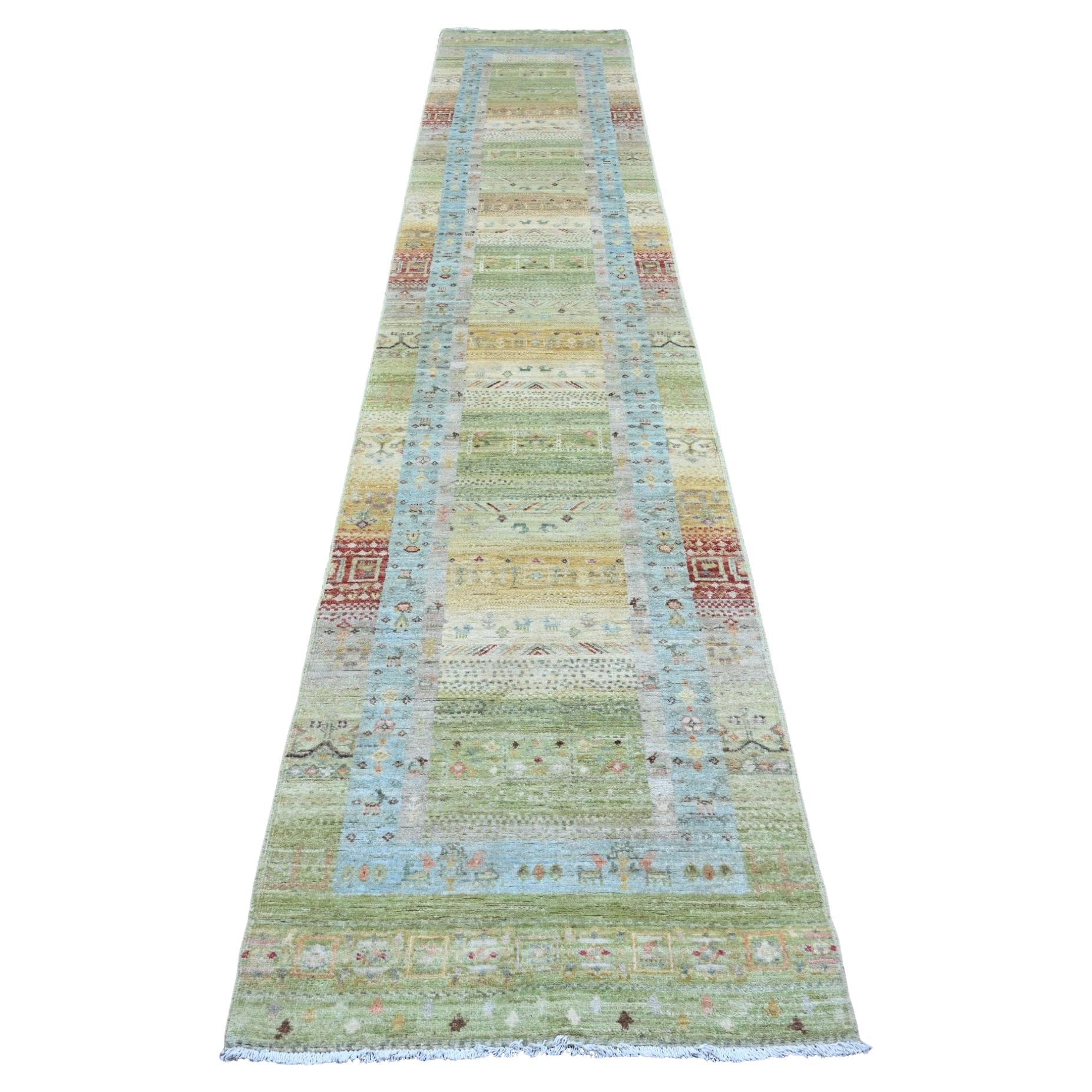 2'8"x14'8" Green Kashkuli Gabbeh Animal Figurines Hand Knotted Wool Runner Rug