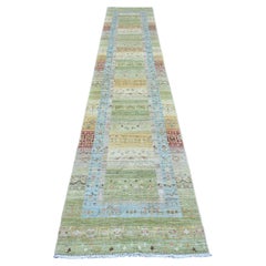 2'8"x14'8" Green Kashkuli Gabbeh Animal Figurines Hand Knotted Wool Runner Rug
