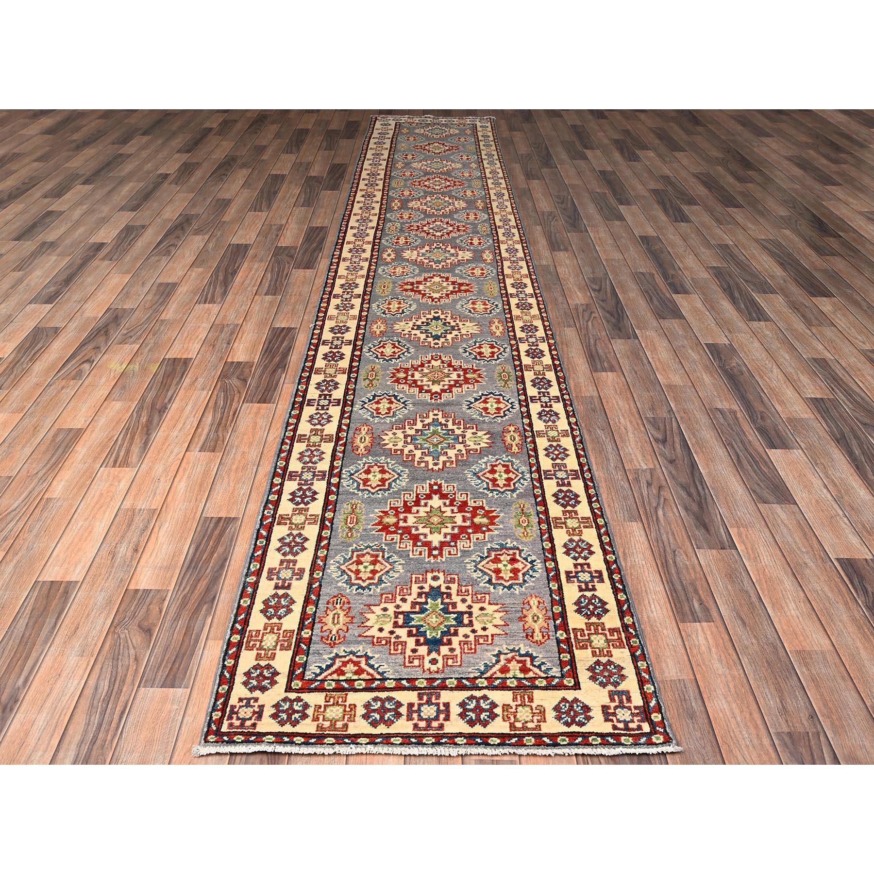 Mirage Gray, Denser Weave, Kazak with Geometric Medallions Design, Hand Knotted, Vegetable Dyes, Organic Wool, XL, Runner, Oriental Rug
Primary materials: Wool
Latex: No Pile 
height: 0.25 Inches
Style: Traditional
Primary color: Grey
Secondary