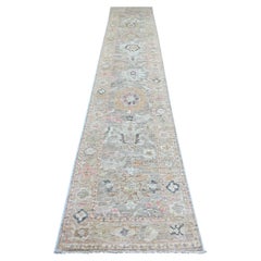 2'8"x15'3" Stone Gray Angora Oushak Leaf Design Hand Knotted Wool Runner Rug