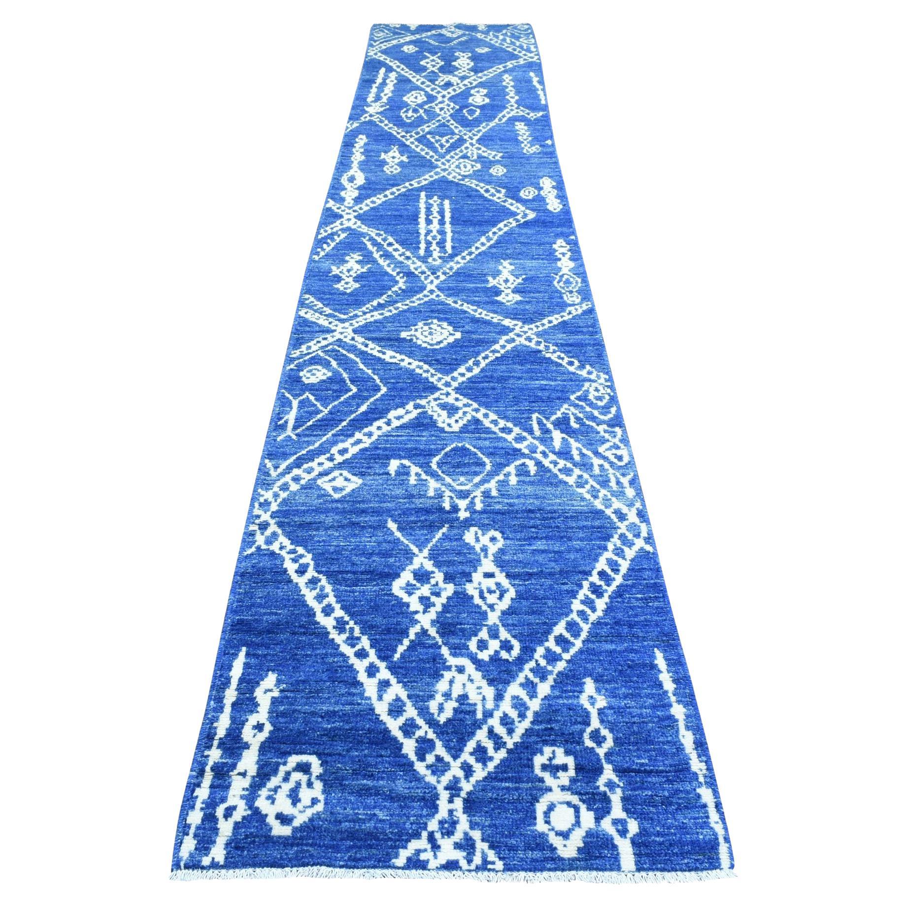 2
8"x15
4" Blue, Wool Hand Knotted, Boujaad Moroccan Berber Design Runner Rug