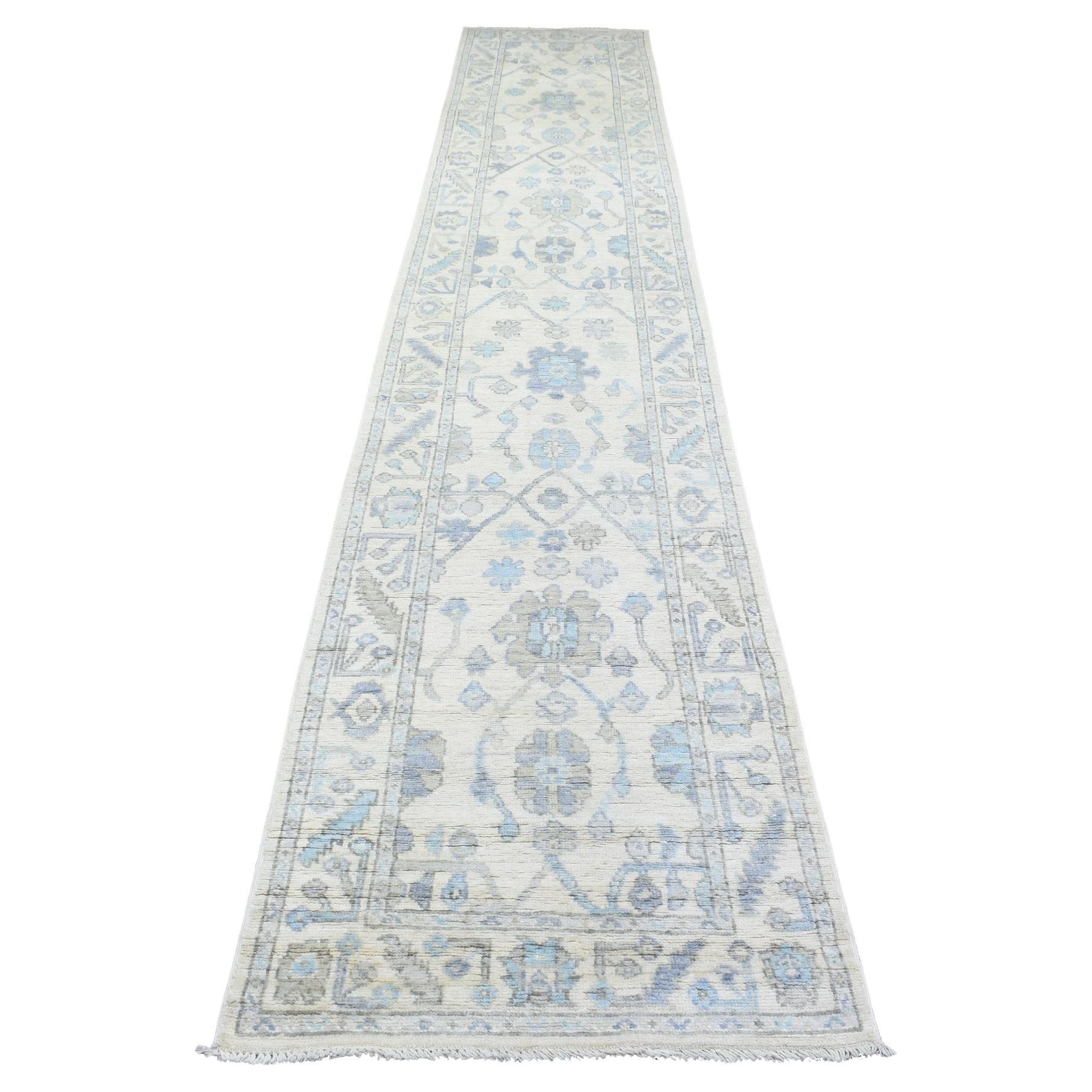 2'8"x15'4" Ivory Hand Knotted Soft Wool Afghan Angora Oushak Runner Oriental Rug