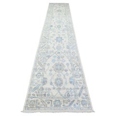 2'8"x15'4" Ivory Hand Knotted Soft Wool Afghan Angora Oushak Runner Oriental Rug